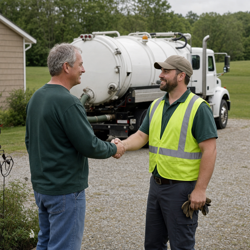 A septic technician shaking a Elizabeth homeowner's hand beside the service truck after a completed pump-out