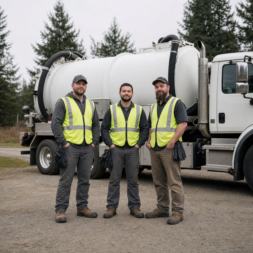 The Elizabeth septic pumping crew standing together beside their clean white vacuum truck on a residential street