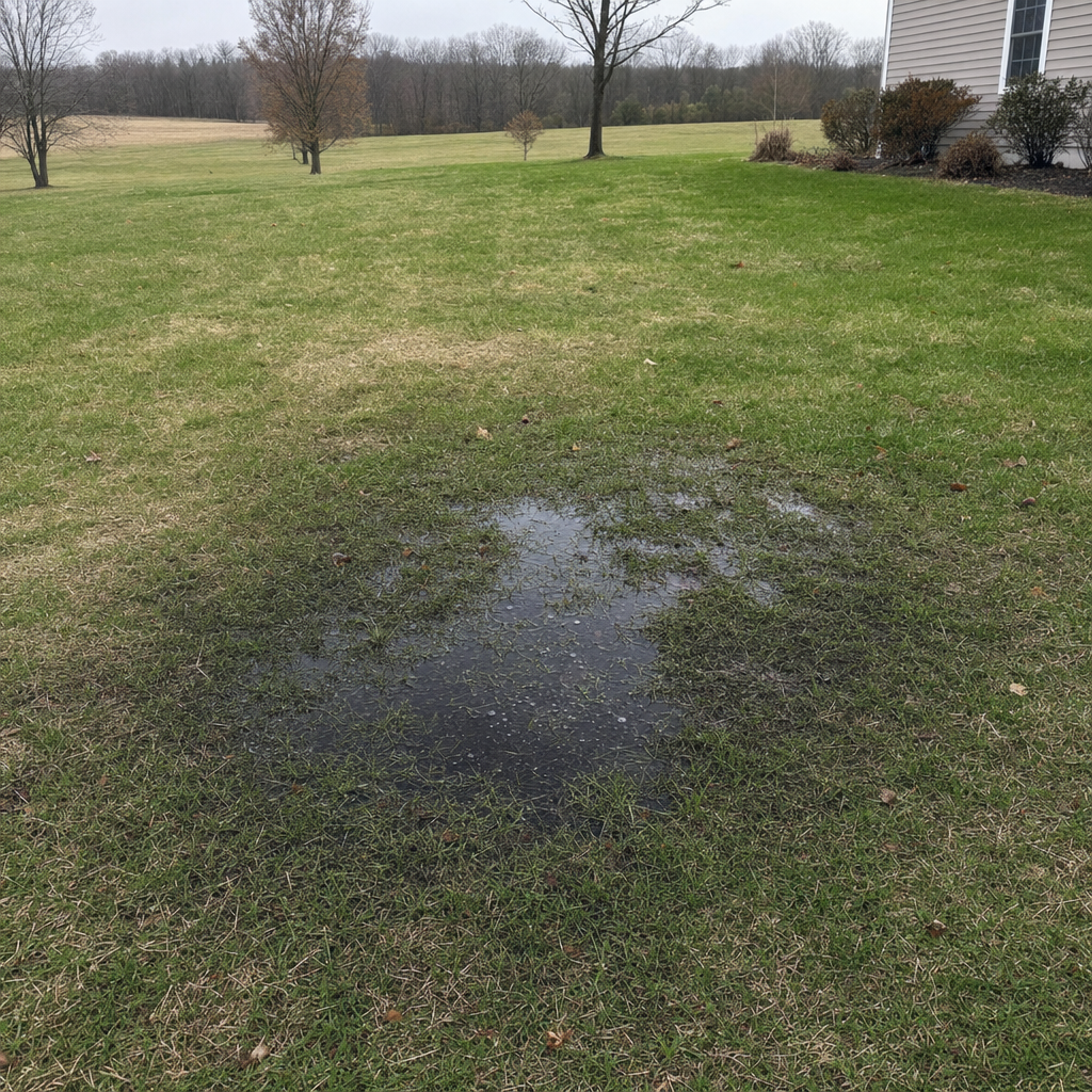 A dark, saturated wet spot in a Elizabeth backyard lawn marking a failing cesspool at capacity