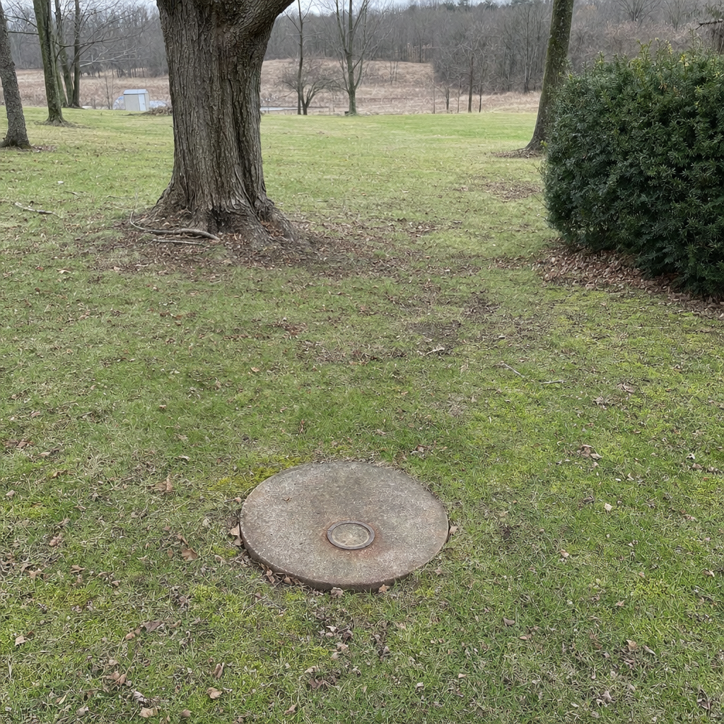 An older round cesspool access lid set flush in an established, mature Elizabeth backyard lawn