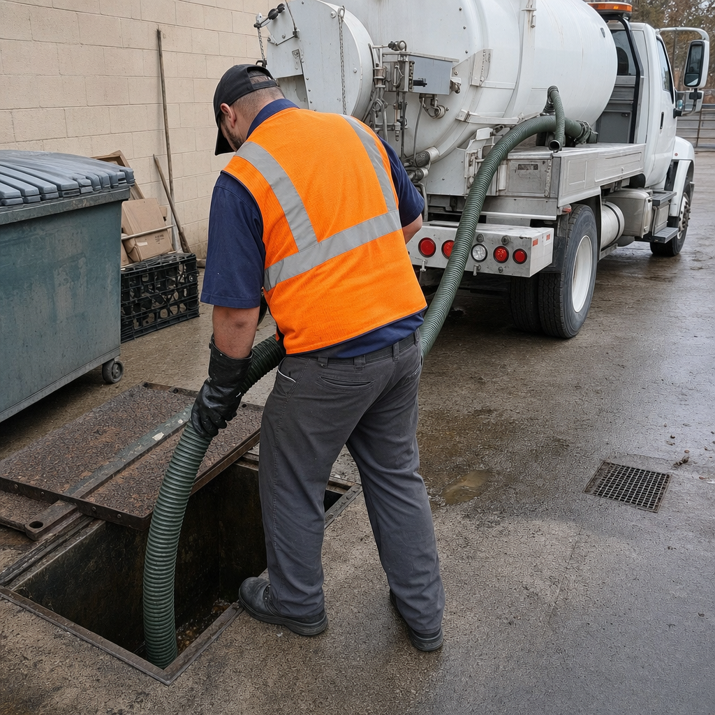 Technician pumping a grease trap behind a Elizabeth restaurant