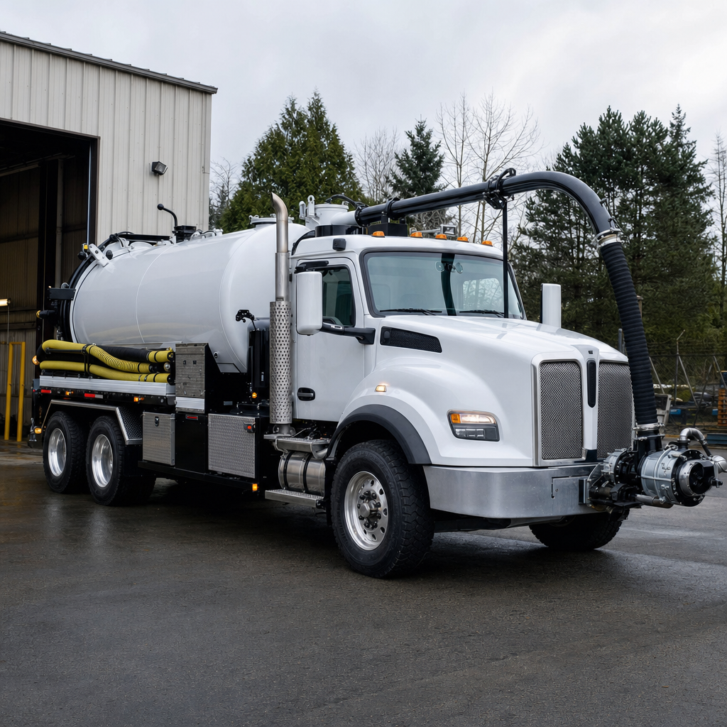 A clean white septic vacuum truck rolling out of a tidy Elizabeth service depot at the start of the day