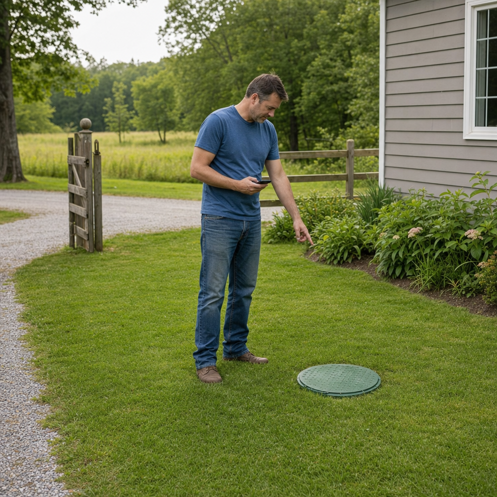 A Elizabeth-area homeowner standing in the backyard noting where the septic tank lid and access route are located