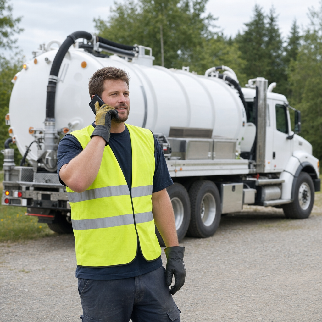 A friendly septic dispatcher holding a phone, ready to answer a Elizabeth homeowner's call about a pump-out