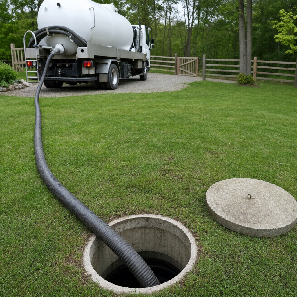 Suction hose connected to an open septic tank, drawing it down in a tidy Elizabeth yard