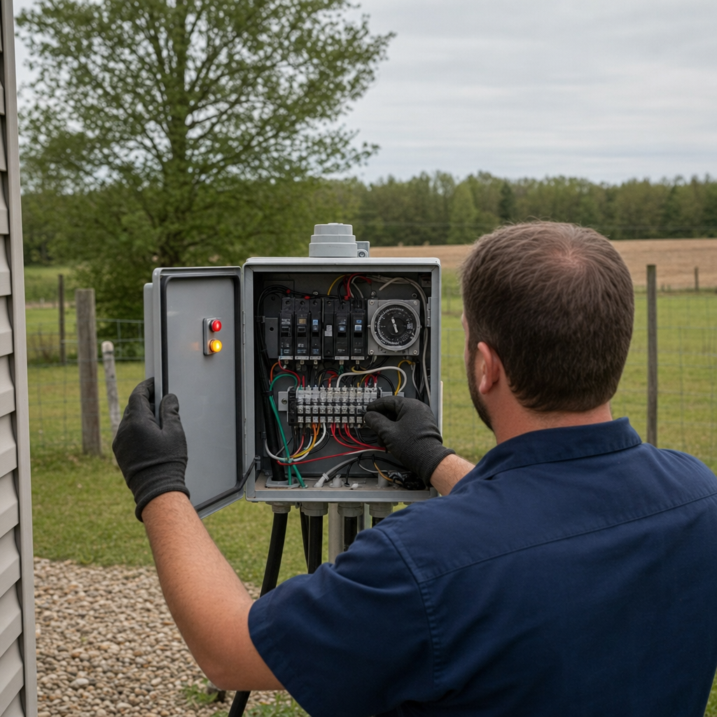 Technician checking an aerobic septic control box with a lit red high-water alarm during a same-day Elizabeth visit