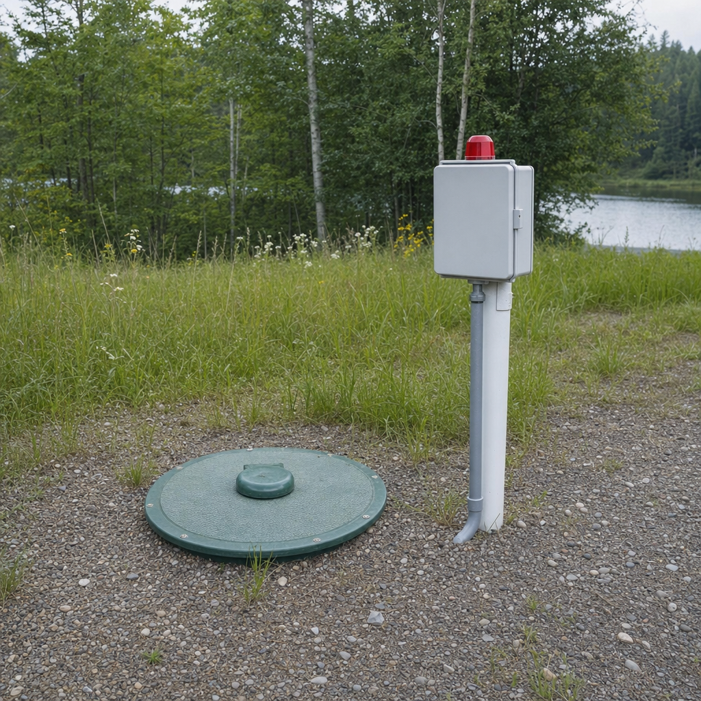 A wastewater holding tank access lid set in the ground at a rural Elizabeth-area cabin, with a mounted high-level float alarm panel nearby