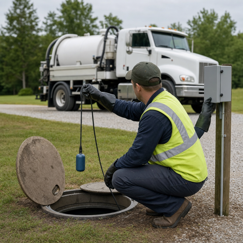 A septic technician in a high-visibility vest checking a high-level float switch and alarm panel on a holding tank at a rural Elizabeth-area site
