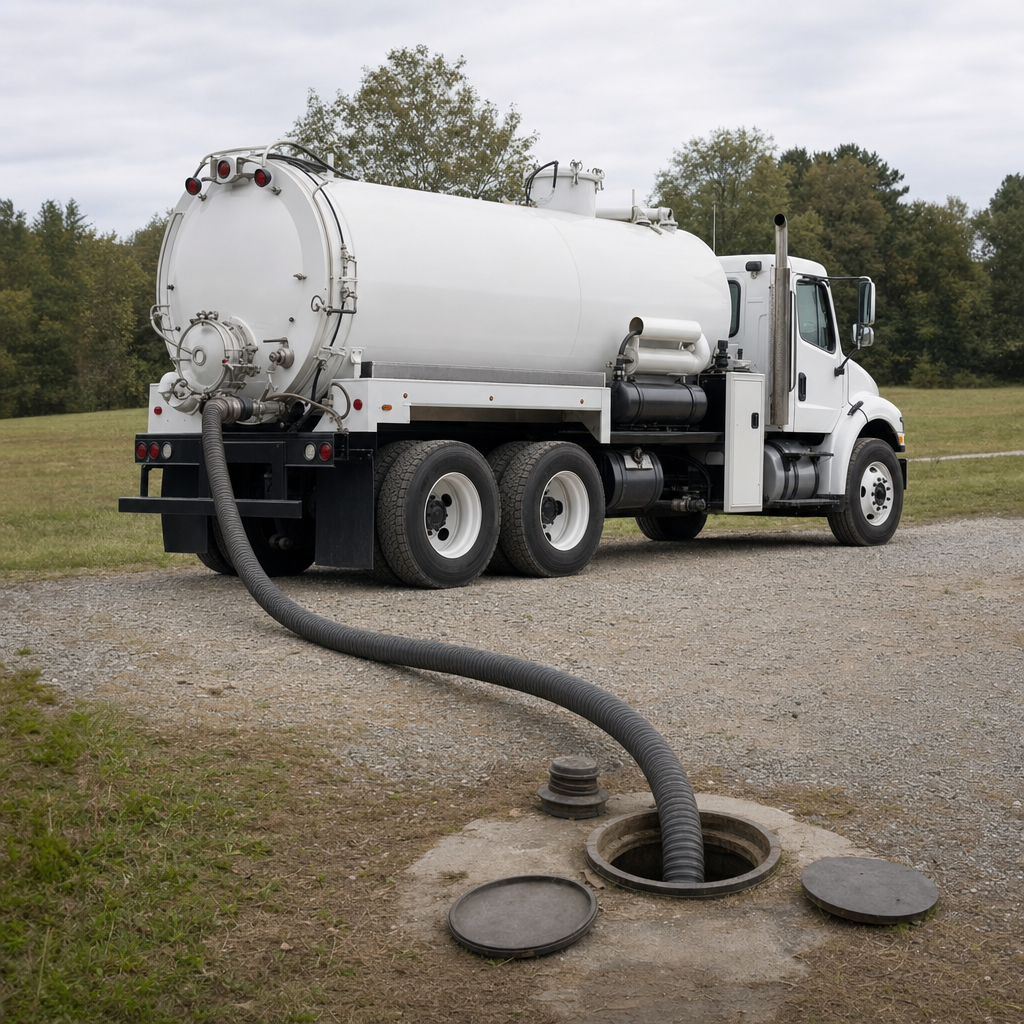 An unmarked white vacuum truck emptying a wastewater holding tank on a scheduled visit at a rural Elizabeth-area property, thick suction hose running to the tank lid