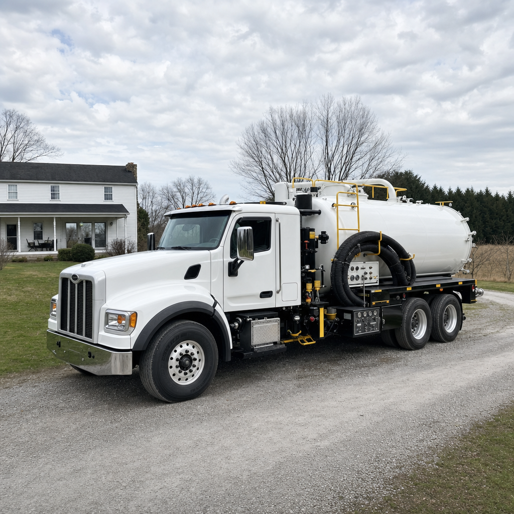 A clean white septic vacuum truck parked on a tidy Elizabeth driveway with the suction hose neatly coiled