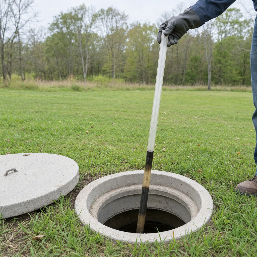 A septic sludge-judge measuring stick lowered into an open Elizabeth septic tank to read the depth of the sludge and scum layers before deciding whether a pump-out is due