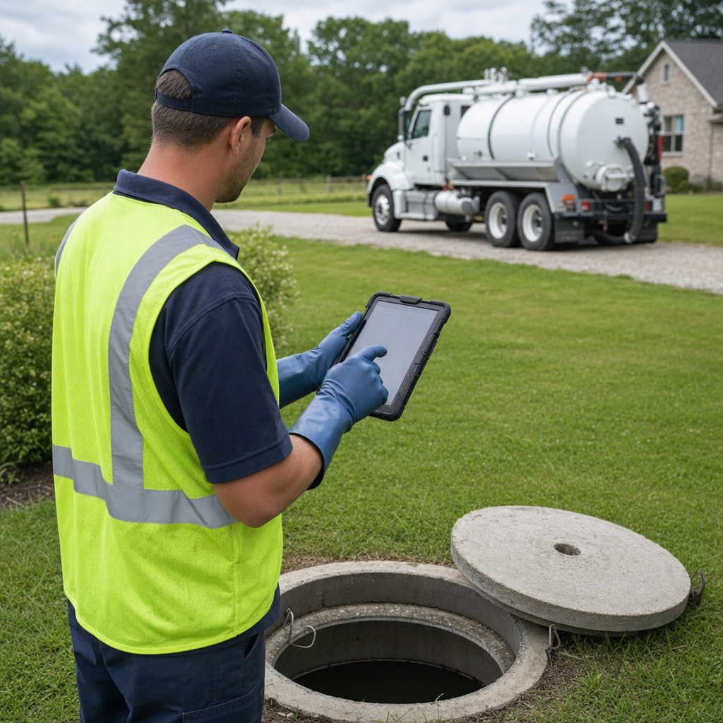 A septic technician recording a Elizabeth home's pump-out date and tank condition on a tablet beside an open access lid, tracking the service history that sets the next due date