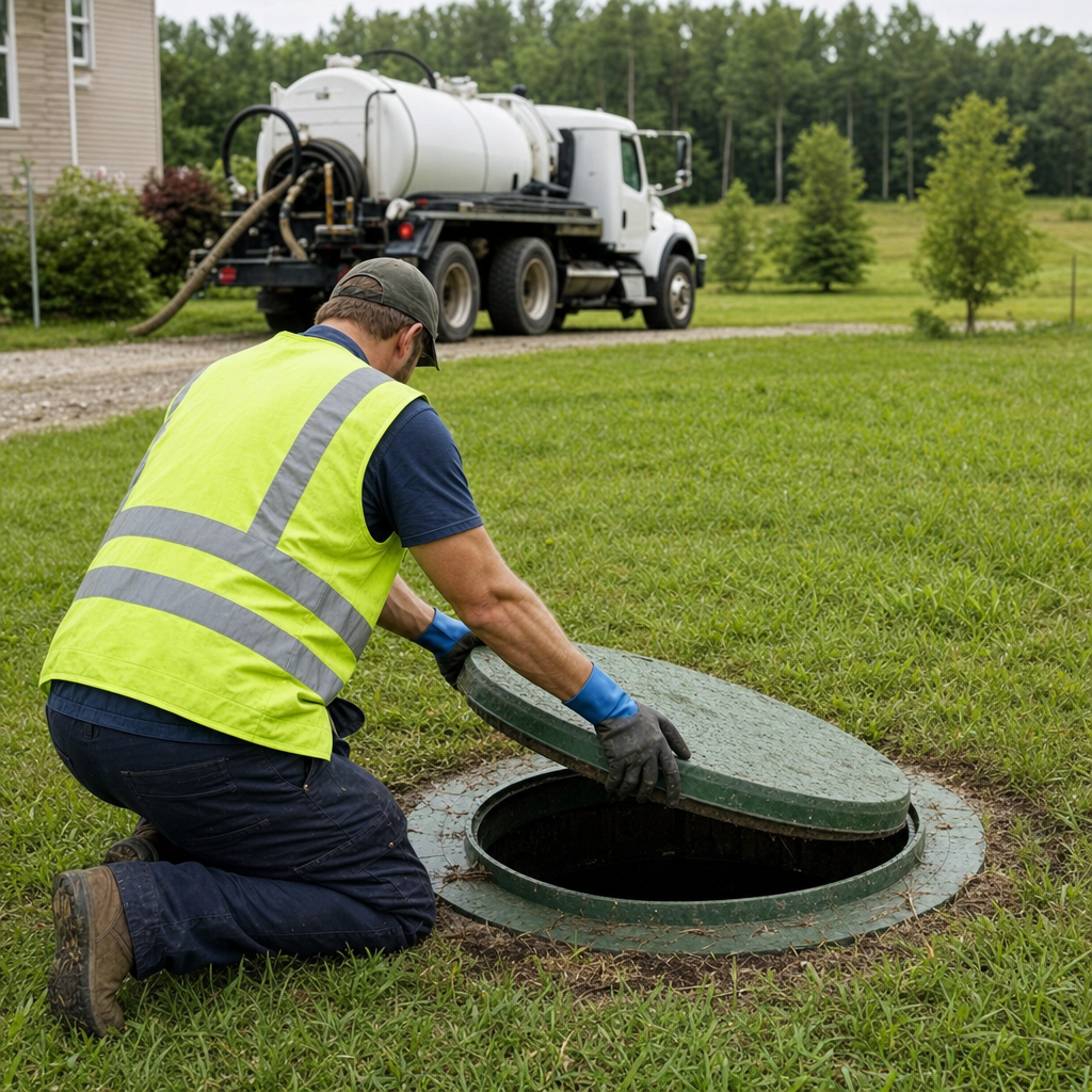 Septic technician kneeling on a Elizabeth lawn, lifting the access lid on a residential septic tank