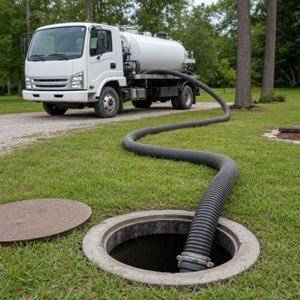 Thick ribbed suction hose lowered into a clean open septic tank port on a tidy Elizabeth backyard lawn