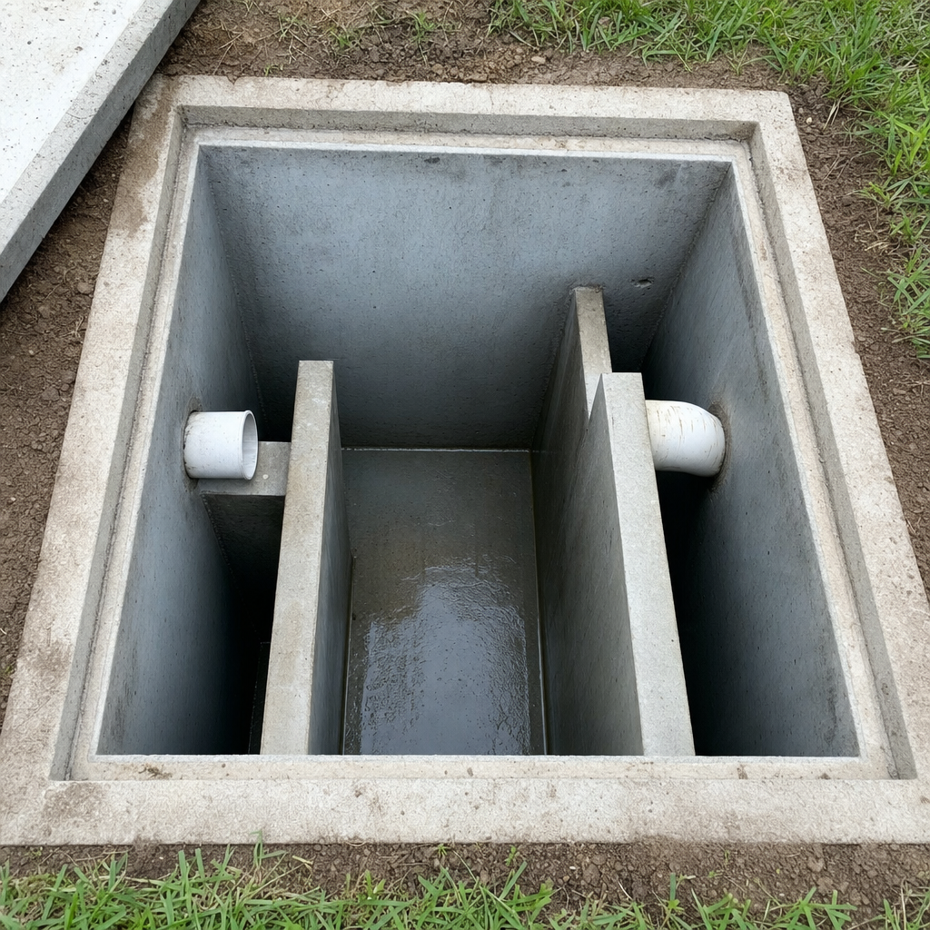 Inspection of the concrete baffles inside an open, emptied and freshly cleaned Elizabeth septic tank