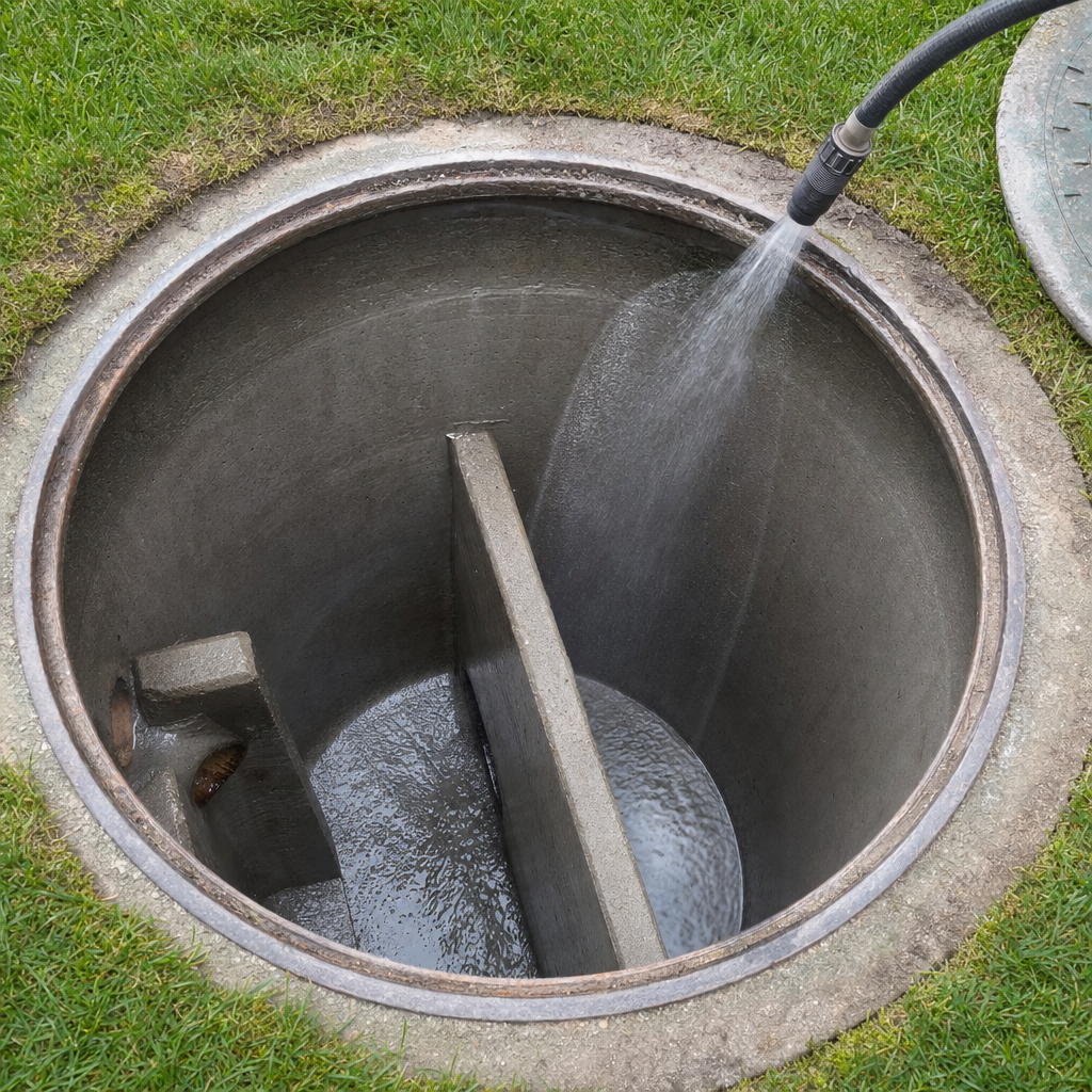 Interior concrete walls of an emptied Elizabeth septic tank being rinsed clean with the truck's onboard water hose