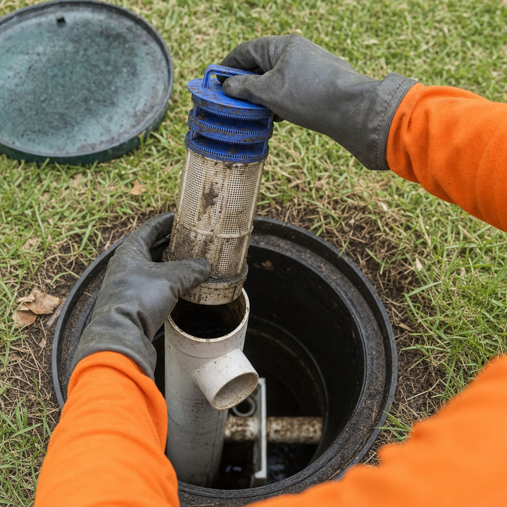 Septic technician's gloved hands lifting the effluent filter cartridge out of the outlet housing on a Elizabeth septic tank