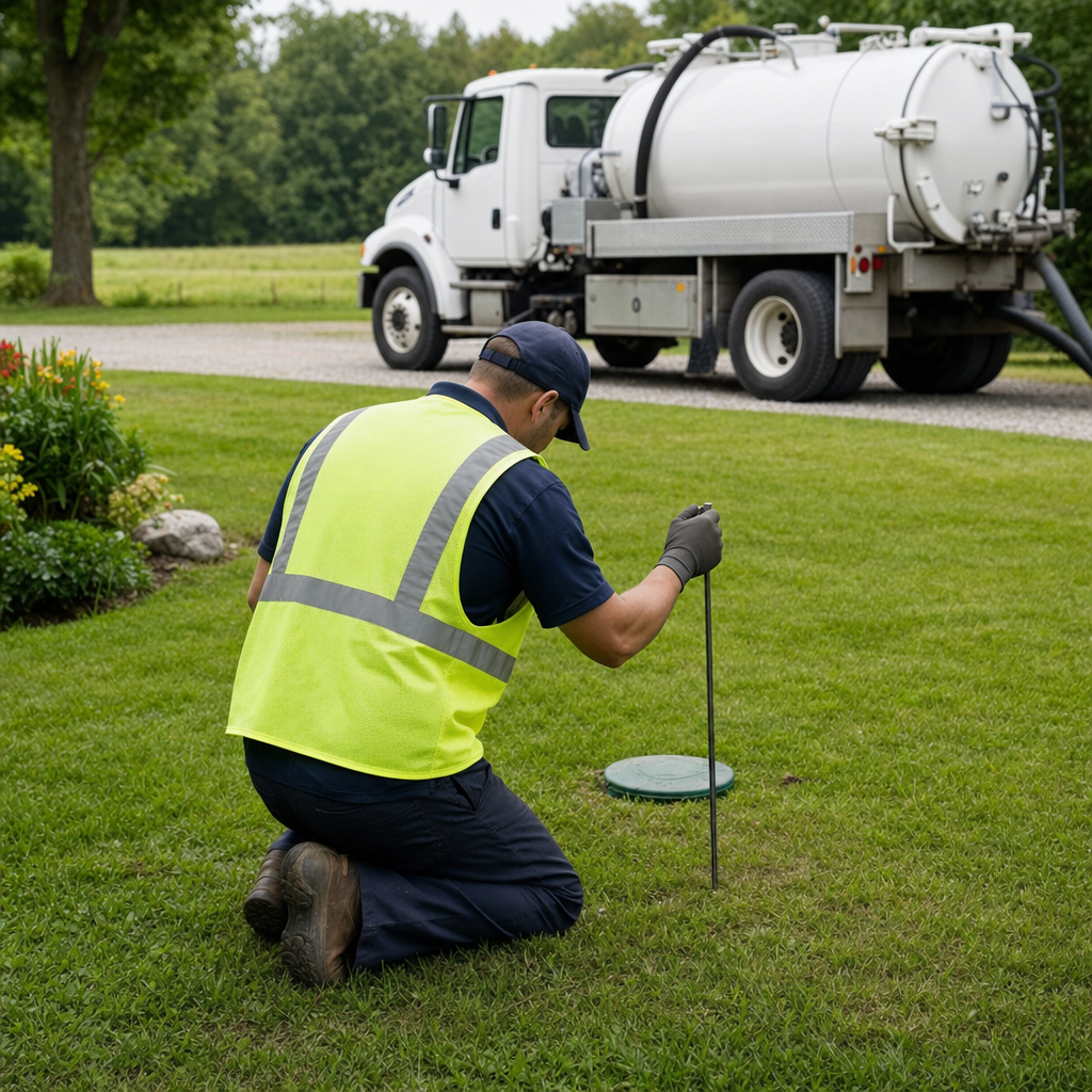Septic technician kneeling on a Elizabeth lawn, probing to locate and measure the depth of a buried septic tank lid before pumping
