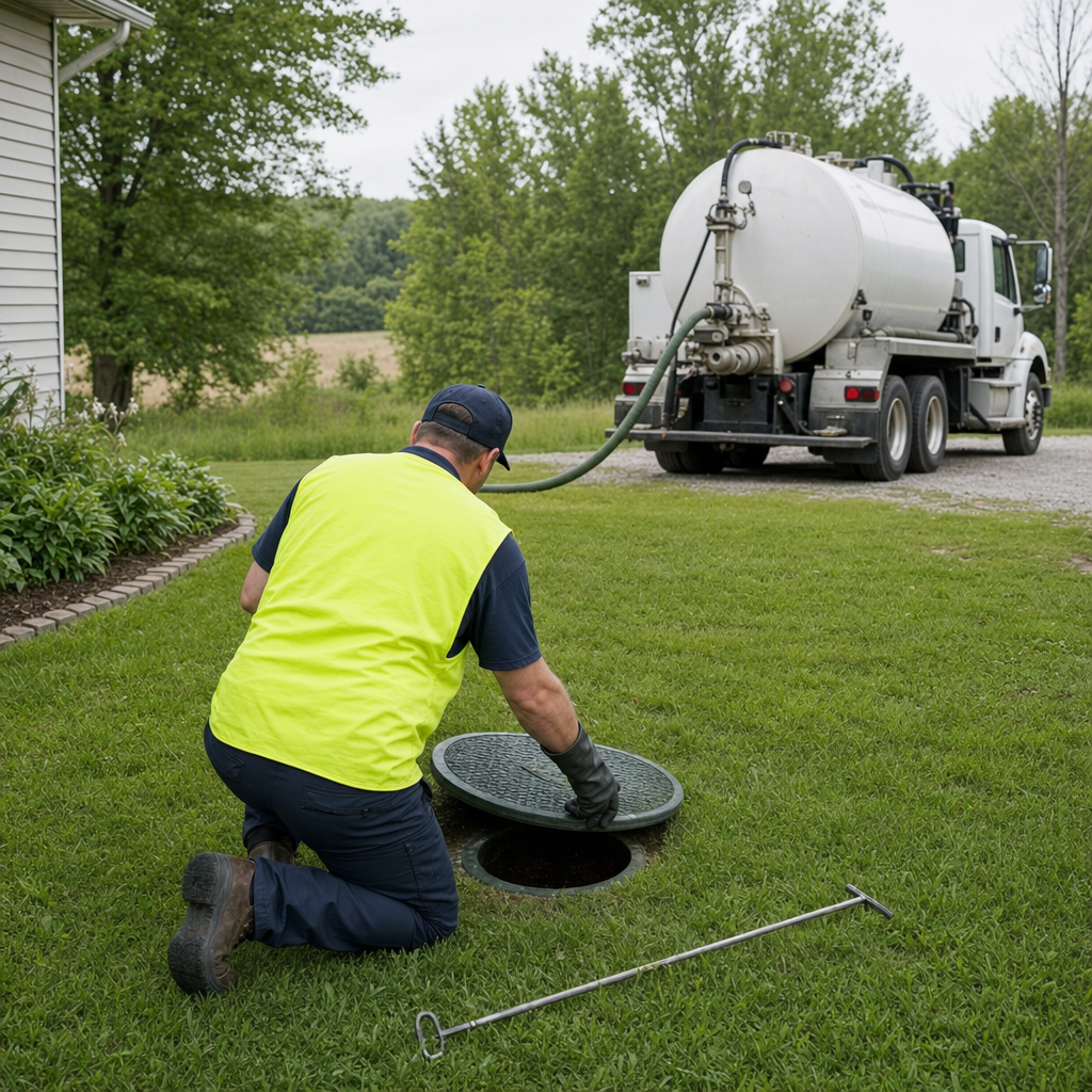 Septic technician kneeling on a Elizabeth lawn, lifting the buried access lid on a residential septic tank