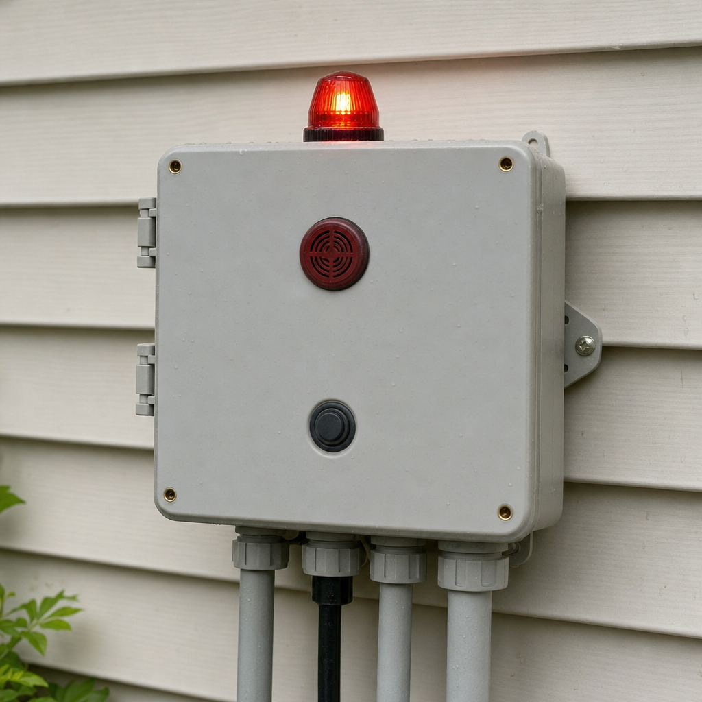 An aerobic septic system control panel mounted outside a Elizabeth home with its red high-water alarm light lit