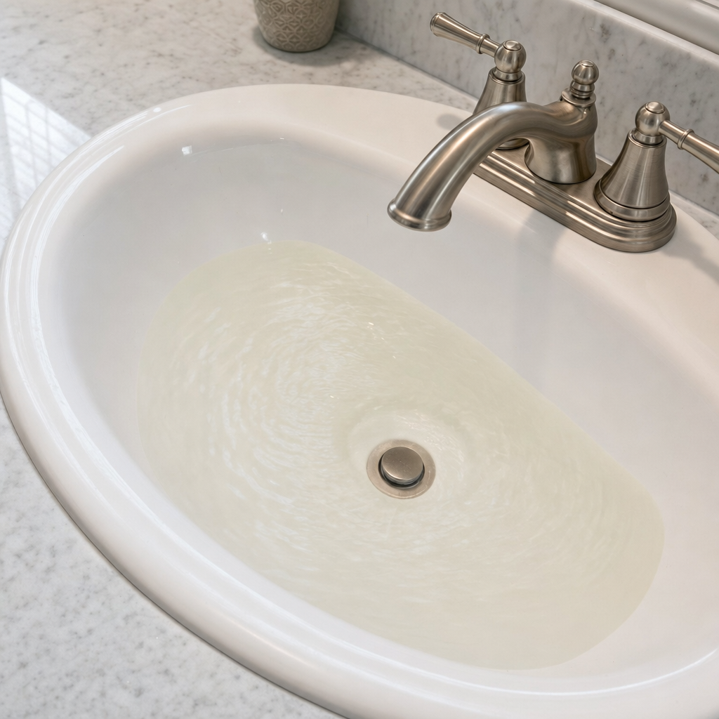 A bathroom sink draining slowly with water pooled in the basin, an early warning sign that a Elizabeth septic tank is full